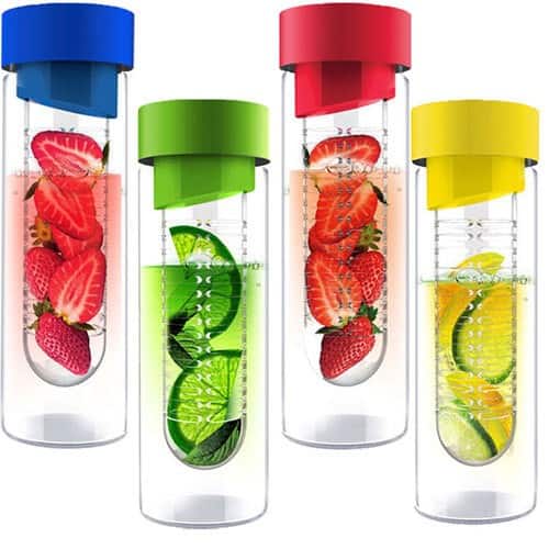 Leak Proof BPA Free Sports Water Bottle with Fruit Infuser Filter and Flip Top Lid Cap Plastic Eco Drinking Clear Reusable Travel Water Bottles with Free Brush 6 colours Fruit Infused Water Bottle 24 oz 